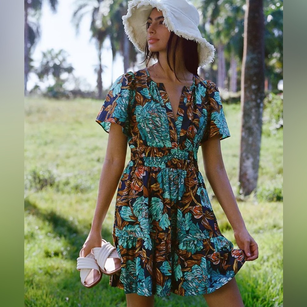 Anthropologie Teal Floral  Dress with Brown Accents